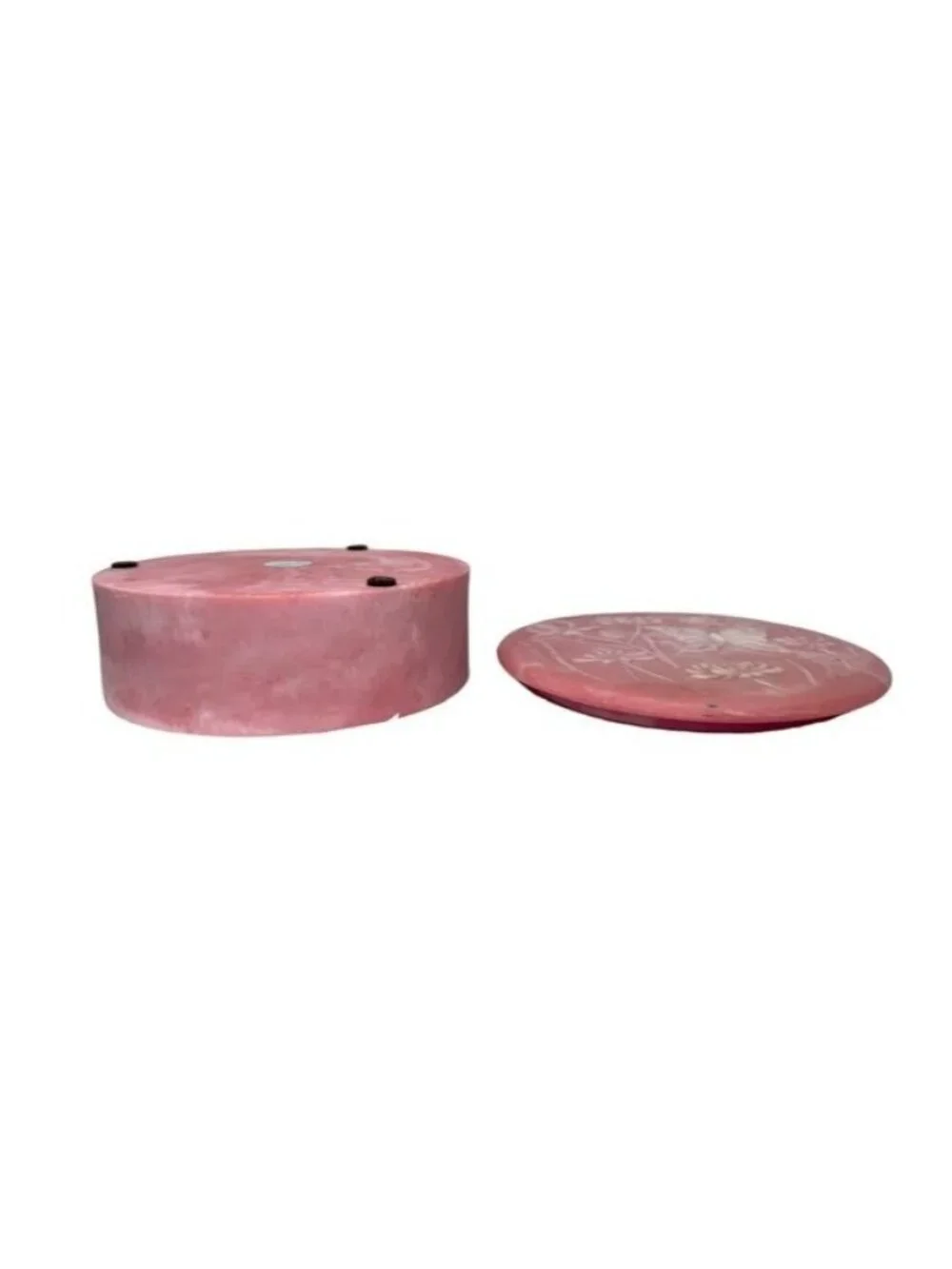 Vintage Pink Embossed Butterfly & Floral Round Incolay Trinket Box With Lid